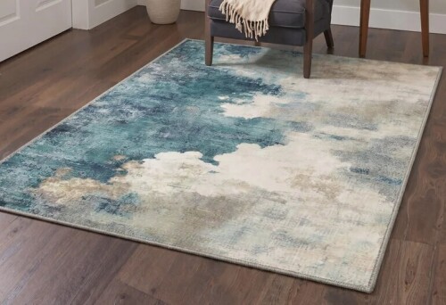 Bungalow Rose 8' x 10' Aquatone Modern Machine Washable Beige / Blue Indoor Area Rug with Non-Slip Backing $399