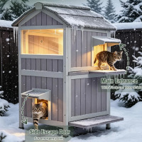 Tucker Murphy Pet&trade; Heated Cat House for Outside, 2-Level Weatherproof Cat Shelter, safety heating pad, insulated liner, asphalt roof, PVC curtain, 3.6&ldquo; base, two levels, side doors, exits for outdoor cats New In Box $299