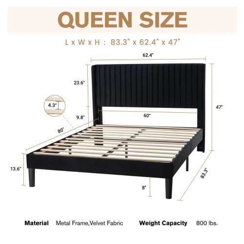 Willa Arlo Interiors Candler Velvet Upholstered Platform Bed with Wingback Headboard and Wooden Slats, Black, New in Box $999