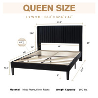 Willa Arlo Interiors Candler Velvet Upholstered Platform Bed with Wingback Headboard and Wooden Slats, Black, New in Box $999