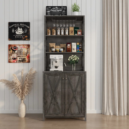 Ophelia & Co. 67" Tall Farmhouse Bar Cabinet, with Wine Rack, X Cross-Brace Doors for Coffee Station & Kitchen Storage, Charcoal Grey, New in Box $299