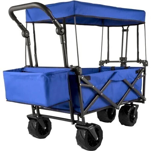 VEVOR Extra Large Collapsible Garden Cart with Removable Canopy, Folding Wagon Utility Carts with Wheels and Rear Storage, Wagon Cart for Garden, Camping, Grocery Cart, Shopping Cart, Blue, New in Box $299