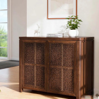 Mercer41 39.4" Mid Century Modern Rattan Sideboard Buffet Cabinet with 2 Outlet Holes, Coffee Bar Wine Bar Credenza, Retro Storage Cabinet, Walnut, New in Box $499