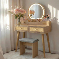 Yechen Boho Rattan Vanity Desk with Stool & LED Mirror, Compact Makeup Table for Small Spaces, Natural Wood with Gold Handles, New in Box $299