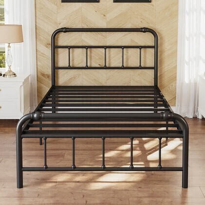 August Grove&reg; Amylia Anti-Sway Heavy Duty 14&rdquo; Metal Iron Bed Frame - Noise-Free Platform Bed with Headboard & Footboard, Artistic Steel Pipe Molding, Non-Slip, No Box Spring Needed, Twin Size for Master Bedroom/Shared Space $299