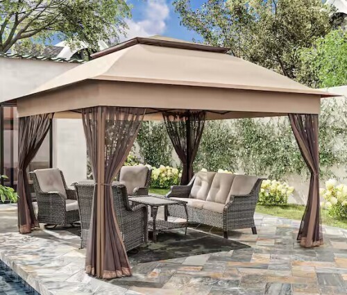 Joyside 11 ft. x 11 ft. Beige Steel Pop-Up Gazebo with Mosquito Netting New Shelf Pull $499