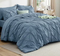 Bedsure Bed in a Bag Comforter Set with Sheets, 7pcs Solid Diamond Pintuck All-Season Bedding, Soft Mineral Blue King Bedding Set, Gift for Family New In Box $299
