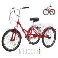 VEVOR Folding Adult Tricycle, 24-Inch Adult Folding Trikes, Carbon Steel 3 Wheel Cruiser Bike with Large Basket & Adjustable Seat, Shopping Picnic Foldable Tricycles for Women, Men, Seniors (Red) New In Box $399