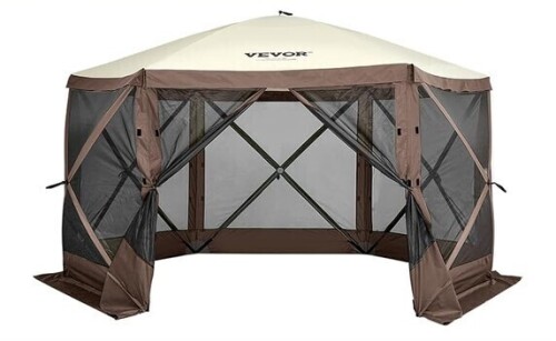 VEVOR Pop Up Gazebo Tent, Pop-Up Screen Tent 6 Sided Canopy Sun Shelter with 6 Removable Privacy Wind Cloths & Mesh Windows, 11.5x11.5FT Quick Set Screen with Mosquito Netting, Brown New In Box $399