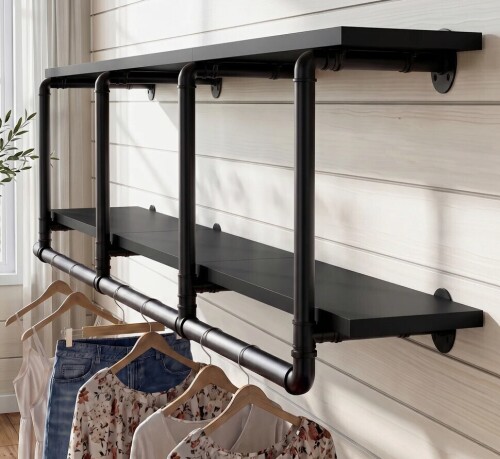 Williston Forge 59-Inch Clothes Rack with Top Shelf, 2 Tiers Wall Mounted Shelves with Hanging Rod for Laundry Room $299