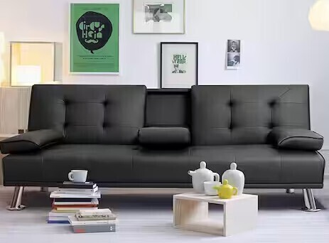 LACOO Black 66 in. Faux Leather Upholstered Convertible Folding Futon Sofa Bed 2 Cupholders New in Box $599