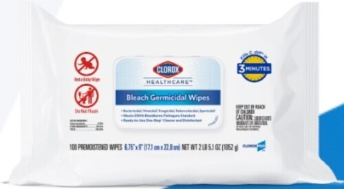 Clorox Healthcare Bleach Germicidal Wipes, 1-Ply, 6.75 x 9, Unscented, White, 100 Wipes New
