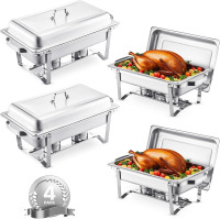 VEVOR Chafing Dish Buffet Set, 8 Qt 4 Pack, Stainless Chafer with 4 Full Size Pans, Rectangle Catering Warmer Server with Lid Water Pan Folding Stand Fuel Tray Holder Spoon Clip New In Box $299