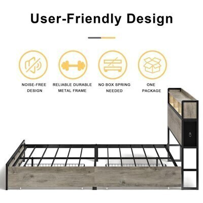 Aok Garden Full Platform Bed with Bookcase Headboard 2 Storage Drawers LED Light and Charging Station Grey, New in Box $499