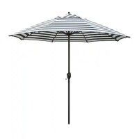California Umbrella 9' Aluminum Market Auto Tilt Crank Lift Bronze Patio Umbrella in Navy White Cabana Stripe Olefin, New in Box $299