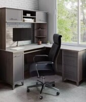 Realspace&reg; Koru 60"W L-Shaped Corner Computer Desk With Integrated Power & Charging and Hutch (2 Boxes) New in Box $699