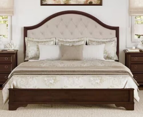 OrangeOne Antoro Dark Brown Walnut Solid Wood Frame Queen Size Platform Bed 64 in. W with Button Tufted Headboard New in Box $799