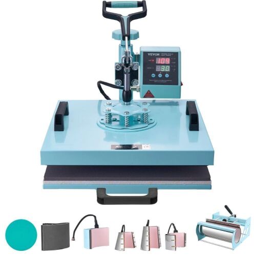 VEVOR Heat Press Machine, 15 x 15 inch, 8 in 1 Heat Transfer Machine with 6-30 oz Tumbler Press, 360&deg; Swing Away T-Shirt Pressing, Digital Precise Control, for T-Shirts/Mugs/Hats/Plates, Green New In Box $399