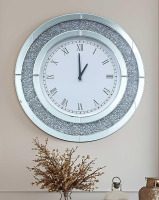 Artloge Crushed Diamond Wall Clock: Round Mirrored Clock 23.6 inch Silver Decorative Mirror Decor Wall-Mounted for Luxury Modern Home New In Box $299