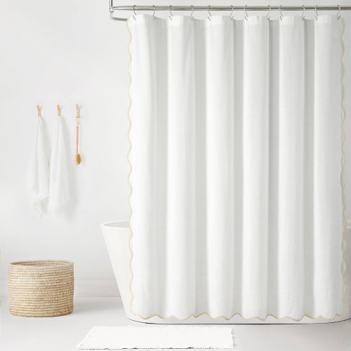 Lush Decor Coastal Chic Scallop Edge Linen-Textured Shower Curtain, Single 72" W x 72" L, Neutral & White - Scalloped Shower Curtains - Coastal Bathroom Curtain New