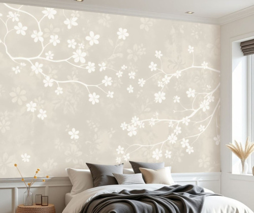 August Grove&reg; Beige Peel and Stick Wallpaper Neutral Floral White Blossoms Wall Murals 69"H x 96"W Removable PVC Wall Paper Self-Adhesive Wall Decor for Bedroom Living Room Home Office New In Box $199
