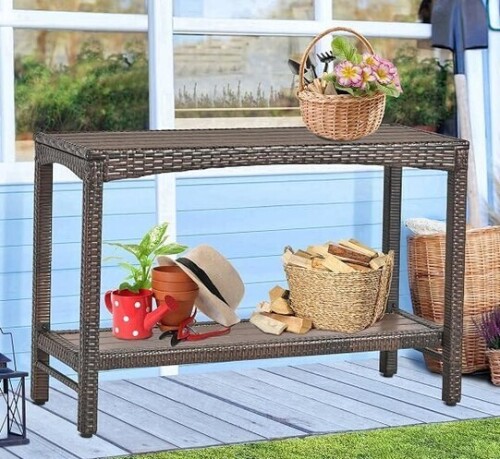 PatioNovagarden Outdoor Console Table Patio Buffet Bar Storage Organizer 45" Long Wicker Sofa Serving Sideboard Table 2-Shelf Outdoor Bar Table Tall Rectangle Narrow with Adjustable Feet for Entryway Balcony Brown New In Box $299