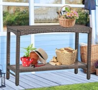 PatioNovagarden Outdoor Console Table Patio Buffet Bar Storage Organizer 45" Long Wicker Sofa Serving Sideboard Table 2-Shelf Outdoor Bar Table Tall Rectangle Narrow with Adjustable Feet for Entryway Balcony Brown New In Box $299