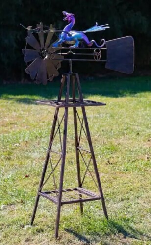 August Grove&reg; 61.8" Tall Iron Windmill with Flapping Iridescent Dragon & Weather Vane New Open Box $299