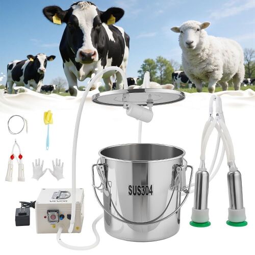 VEVOR Goat Milking Machine, 3.2 Gal / 12 L Food-Grade Stainless Steel Bucket, 4 Teat Cups for Cows and Goats, with 8000 mAh Rechargeable Battery, Electric Pulsation Milking Machine Portable Milker New In Box $299
