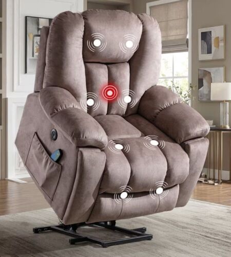 Ebello Overstuffed Power Lift Recliner with Heat Massage, Ergonomic Velvet Reclining Chair with USB Ports, Hidden Cup Holders for Elderly, Light Brown New in Box $699