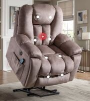 Ebello Overstuffed Power Lift Recliner with Heat Massage, Ergonomic Velvet Reclining Chair with USB Ports, Hidden Cup Holders for Elderly, Light Brown New in Box $699