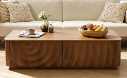 Melaabuu 47.2" Wooden Coffee Table, Rectangle Mid Century Modern Water Ripple Texture Center Table with 2 Drawers, Cocktail Tea Table with Safe Curved Corners for Living Room Home Office, Walnut, New Open Box $499
