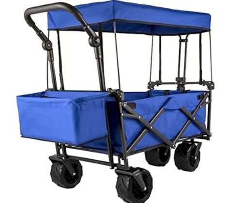 VEVOR Extra Large Collapsible Garden Cart with Removable Canopy, Folding Wagon Utility Carts with Wheels and Rear Storage, Wagon Cart for Garden, Camping, Grocery Cart, Shopping Cart, Blue, New in Box $299