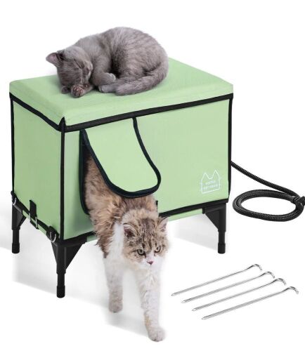 VEVOR Elevated Heated Cat House, Cuboid Kitty Shelter with Adjustable Temperature and Timer, 900D Oxford Cloth Foldable Cat Shelter with Heated Pad for Winter to Stay Warm and Cozy, Green (Middle) New in Box $199