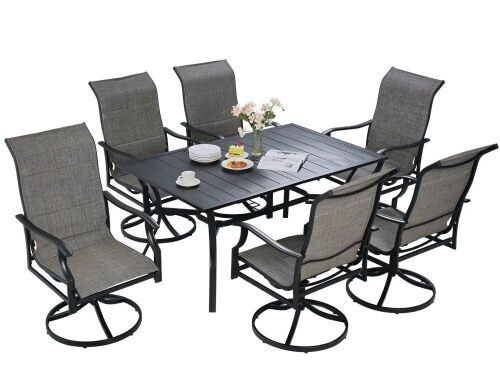 VEVOR 7 Pieces Patio Dining Set, Outdoor Furniture Table and Swivel Chairs Set, All Weather Garden Furniture Table Sets, Iron Patio Conversation Set with Umbrella Hole, For Lawn, Deck, Backyard, Black New In Box 4 Boxes $899