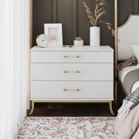 House of Hampton Clementine Small 3-Drawer Dresser with Clear Acrylic Rod Handles, White & Gold, New in Box $299