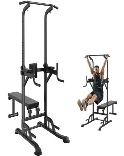 VEVOR Power Tower with Bench, 10-Level Height Adjustable Pull Up Bar Stand Dip Station & Detachable Bench, Multi-Function Home Gym Strength Training Fitness Equipment with Backrest, Elbow Pads, 440LBS, New Open Box $299