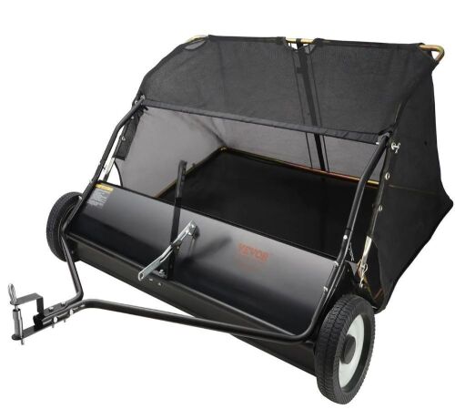 VEVOR Lawn Sweeper, 48.5", 26 cu. ft. Tow Behind Yard Sweeper, Dumping Rope Design & Heavy Duty, Durable to Use, Leaf & Grass Collector with Adjustable Sweeping Height for Picking Up Debris and Grass New In Box $599