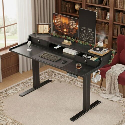 Inbox Zero Height-Adjustable Electric Standing Desk with Large Monitor Shelf & Drawers $399