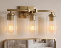 BYBLIGHT 17.7 in. 3-Light Modern Brushed Gold Bathroom Vanity Light Fixture with Clear Ribbed Glass Shade Over Mirror New In Box $299