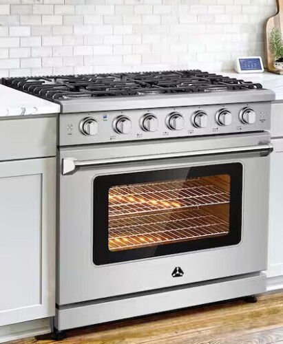 Sunmaki 36 in. 6-Burners Freestanding and Slide-In Gas Range in Stainless Steel with Commercial convection fan and CSA Certified New in Box Factory Seaked $2999