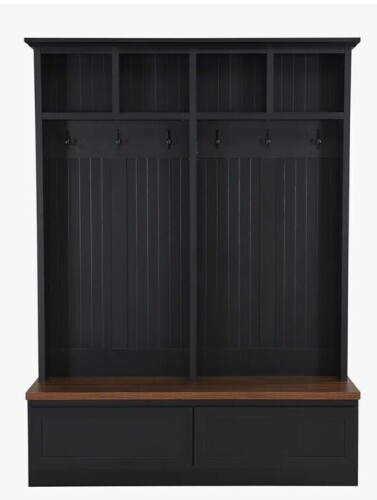 August Grove Farmhouse 4-in-1 Hall Tree with Wood Grain Bench in Black New in Box $499