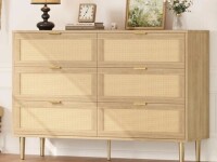 Garvee Rattan 6 Drawer Dresser With Gold Legs And Handles For Bedroom And Living Room, Wide Double Dresser, Natural Color New in Box $499