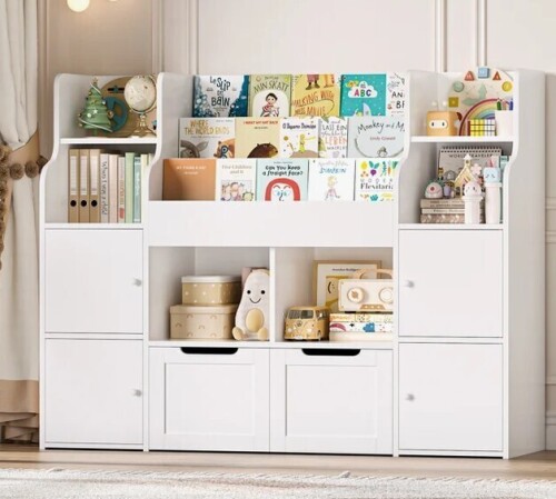 Harriet Bee Kirklyn 48"W Modern 6-Cube Standard Bookcase, Wood Storage Bookcase With 4 Doors & 2 Removable Drawers in White New in Box $499
