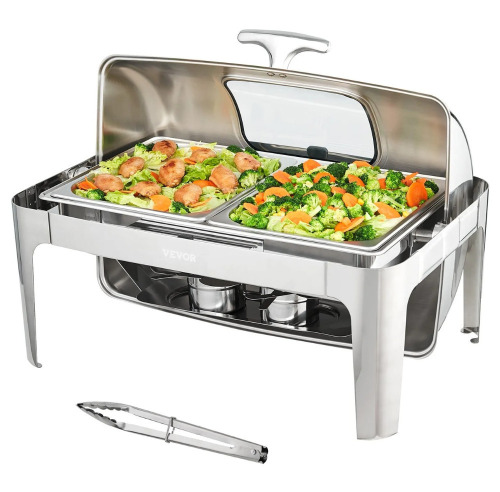 VEVOR Roll Top Chafing Dish Buffet Set, 9 Qt, Stainless Steel Chafer with 2 Half Size Pans, Rectangle Catering Warmer Server with Visible Lid Water Pan Stand Fuel Holder Clip, for at Least 9 People New In Box $299