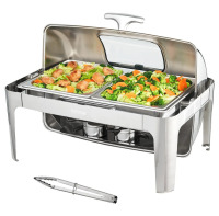 VEVOR Roll Top Chafing Dish Buffet Set, 9 Qt, Stainless Steel Chafer with 2 Half Size Pans, Rectangle Catering Warmer Server with Visible Lid Water Pan Stand Fuel Holder Clip, for at Least 9 People New In Box $299