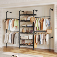 Rebrilliant Closet Organizers and Storage, 3-Row Heavy Duty Garment Rack Clothes Rack for Hanging Clothes, Wall Mounted Closet System with 4 Telescopic Rods, 4 Hooks, 6 Shelves for Wardrobe, Bedroom, Small Space New In Box $299