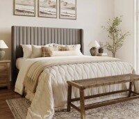 Willa Arlo Interiors Candler Velvet Upholstered Platform Bed with Wingback Headboard and Wooden Slats Full Size in Taupe New in Box $899