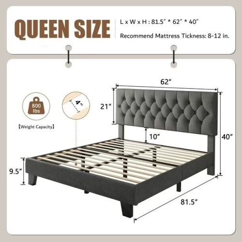 Honfach Queen Size Velvet Bed Frame with Upholstered Button Tufted Headboard, Platform Bed with Wooden Slats Support, No Box Spring Needed, Easy Assembly, Noise-Free, Dark Gray, New in Box $399