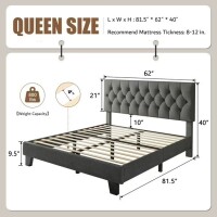 Honfach Queen Size Velvet Bed Frame with Upholstered Button Tufted Headboard, Platform Bed with Wooden Slats Support, No Box Spring Needed, Easy Assembly, Noise-Free, Dark Gray, New in Box $399
